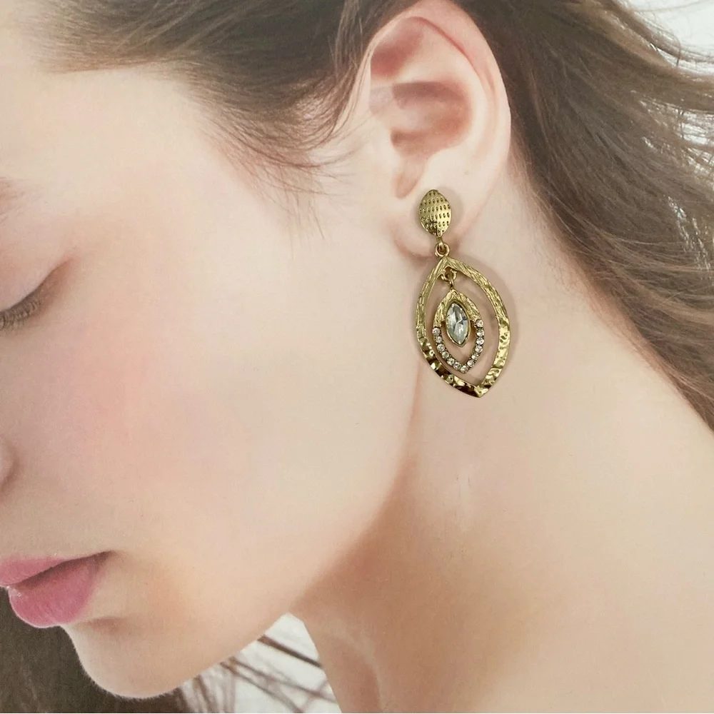 4/$15 Gold Hammered Open Marquise Design Crystal Drop Dangle Earrings